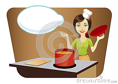 Young beautiful woman cooking in the kitchen Vector Illustration