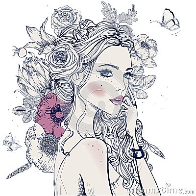 Young beautiful woman with flowers Vector Illustration