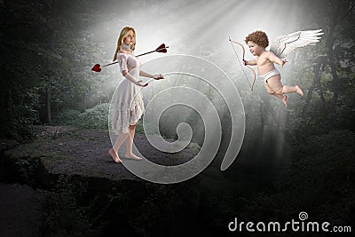 Fantasy, Love, Romance, Cupid, Arrow, Girl, Forest Stock Photo