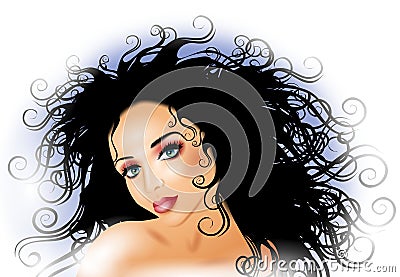 Young Beautiful Woman Long Black Hair Cartoon Illustration