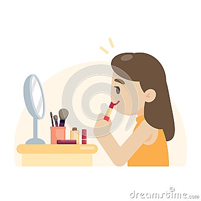 Young beautiful woman making makeup rouging her lips, vector ill Vector Illustration