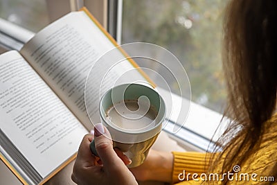 Young beautiful woman near window yellow knitted sweater read book Stock Photo