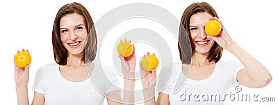 Young beautiful woman with orange on white background.Beauty, cosmetics and fashion concept Stock Photo