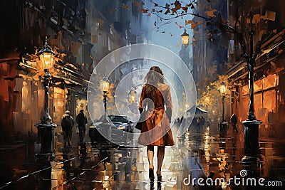 Young beautiful woman in red coat walking on the street. Watercolor painting Stock Photo