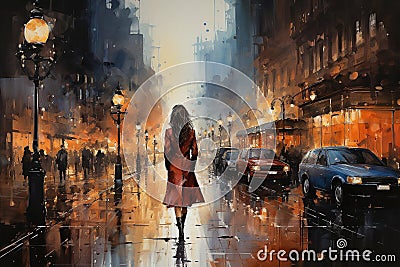 Young beautiful woman in red coat walking on the street. Watercolor painting Stock Photo