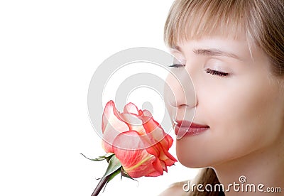 Young beautiful woman rose inhale Stock Photo