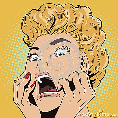 Young beautiful woman screams on fear. Vector Illustration