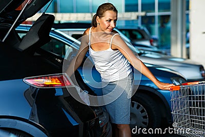 Young beautiful woman shifts the purchase from shopping cart in Stock Photo