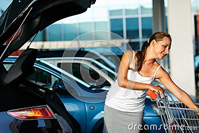 Young beautiful woman shifts the purchase from shopping cart in Stock Photo