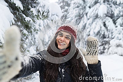 Young Beautiful Woman Smile Camera Taking Selfie Photo In Winter Snow Forest Girl Outdoors Stock Photo