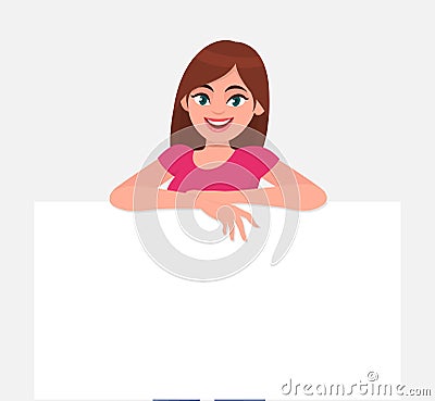 Young beautiful woman smiling and holding a blank / empty sheet of white paper or board. Woman showing a empty poster. Vector Illustration