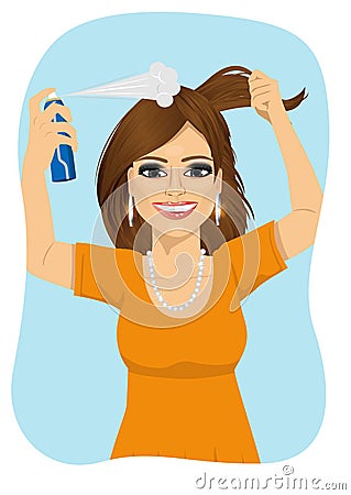 Young beautiful woman spraying her hair with dry shampoo Vector Illustration