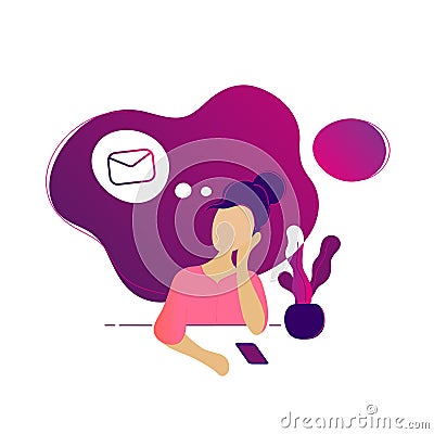 Young beautiful woman thinking about new message Vector Illustration