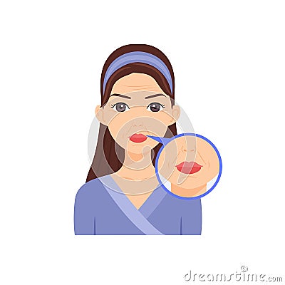 Young Beautiful Woman with Troubles on Face. Wrinkles Around the Eyes, Chin and Forehead. Aging. Skin Diagnostics. Zoom. Flat Vector Illustration