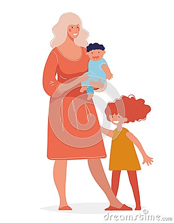 Young beautiful woman with two children. Concept of motherhood, parenthood, family, single mother, happy childhood. Mom Vector Illustration