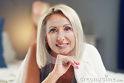 Adult beautiful woman waking up fully rested. Stock Photo