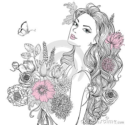 Young beautiful woman wirh flowers Vector Illustration