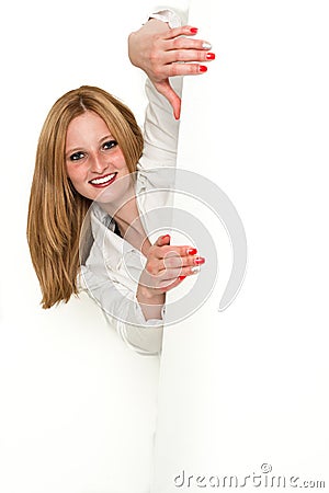 Young beauty business woman peeking around a Stock Photo