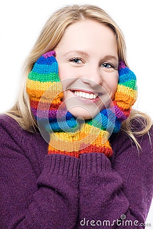 Young beauty laugh woman in colorful gloves Stock Photo