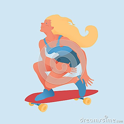 Young beautyful girl with golden hair on red skateboard. The skateboarder does a trick. Flat vector illustration. Vector Illustration