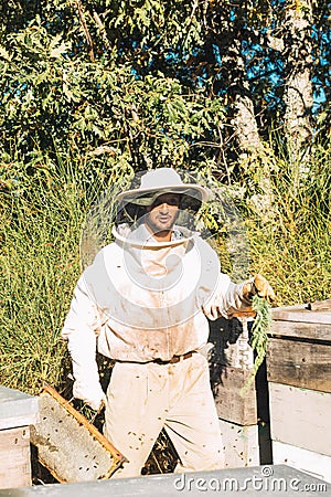 Young beekeeper with special suit transporting honeycomb completely closed in the middle of the beehives Stock Photo