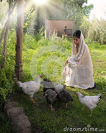 Girl feeding chickens in the garden Stock Photo