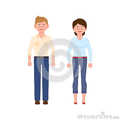 Young medium blonde hair man in jeans and dark brown hair woman in blue pants vector illustration. Front view cartoon character Vector Illustration