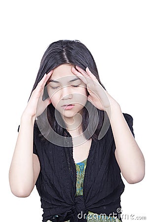 Young biracial teen girl, stressed, migraine Stock Photo