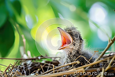 Young bird in nest with open mouth waiting to be fed Stock Photo