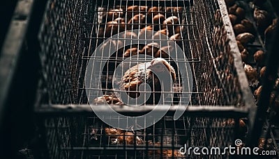 Young bird trapped in wire cage enclosure generated by AI Stock Photo