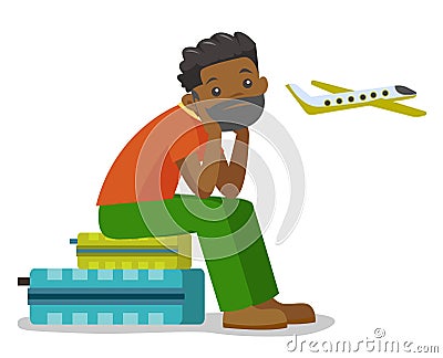 Black man suffering from fear of flying. Vector Illustration