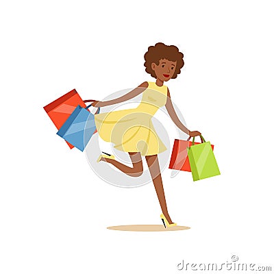 Young black beautiful woman running with a lot of shopping bags colorful character vector Illustration Vector Illustration