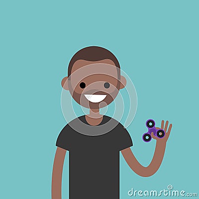 Young black character spinning a hand toy. Stress relieving toy Cartoon Illustration