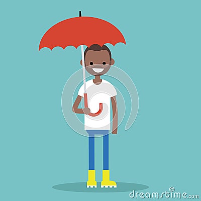 Young black character with umbrella wearing yellow rubber boots Cartoon Illustration