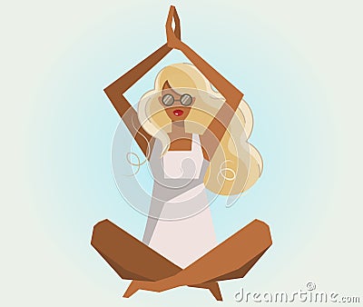 Young black girl in sunglasses. Stylish woman with lush hair in the lotus position. The concept of relaxation, stress Vector Illustration