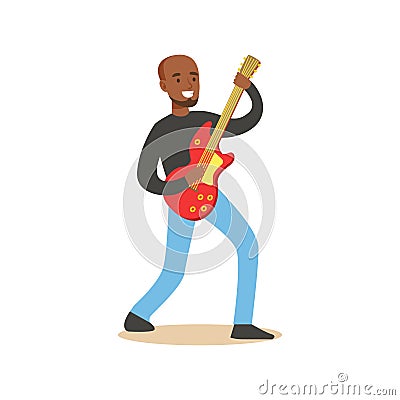 Young black guitarist playing on electric guitar Vector Illustration