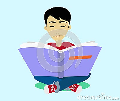 Young Black Haired Man Enjoying Reading Big Book Vector Illustration