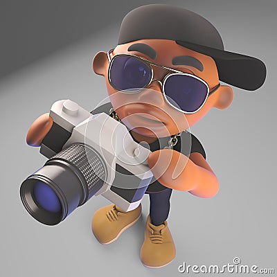 Young black hiphop rapper in baseball cap takes photo with camera, 3d illustration Cartoon Illustration