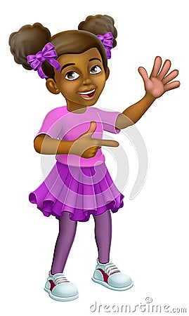 Black Girl Cartoon Child Kid Pointing Waving Vector Illustration