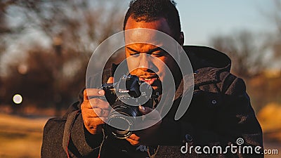 Young Black Male Street Urban Travel Photographer Canon Camera Professional Business Instagram Editorial Stock Photo
