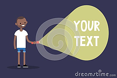 Young black man holding a flashlight. Your text here / Flat edit Cartoon Illustration