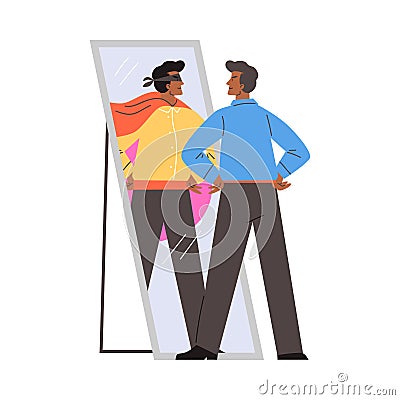 Young black man looking in mirror and imagine that he is brave superhero in mask and cape, vector positive illustration Vector Illustration