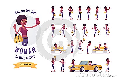 Young black woman character set Vector Illustration