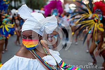 A young black woman dancer dances 2021 Pride parade in Barcelona, Spain on September 5, 2021, organized by Lgbti+ and lgbt Editorial Stock Photo