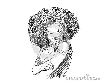 Young black woman looking her arm after receiving vaccine shot, Vector sketch, Afro female Vector Illustration