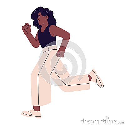 Young black woman running in urban outfit. Determined girl challenges herself. Active people aspirating goal, success Vector Illustration