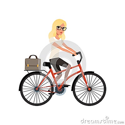 Young blond girl riding bicycle to work in briefcase. Cartoon character of business woman in glasses. Personal transport Vector Illustration