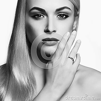 Young blond woman.black and white Beautiful Girl Stock Photo