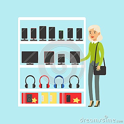 Young blond woman choosing digital tablet at appliance store colorful vector Illustration Vector Illustration