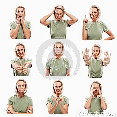 Young blond woman with different emotions. Set of images, collage. White background Stock Photo